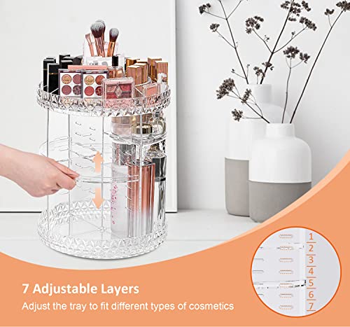 Makeup Organizer, 360 Degree Rotating Cosmetic Storage Organizer, 7-Layer Adjustable Makeup Display Case, Fits Jewelry Makeup Brushes and Lipsticks, Clear Acrylic