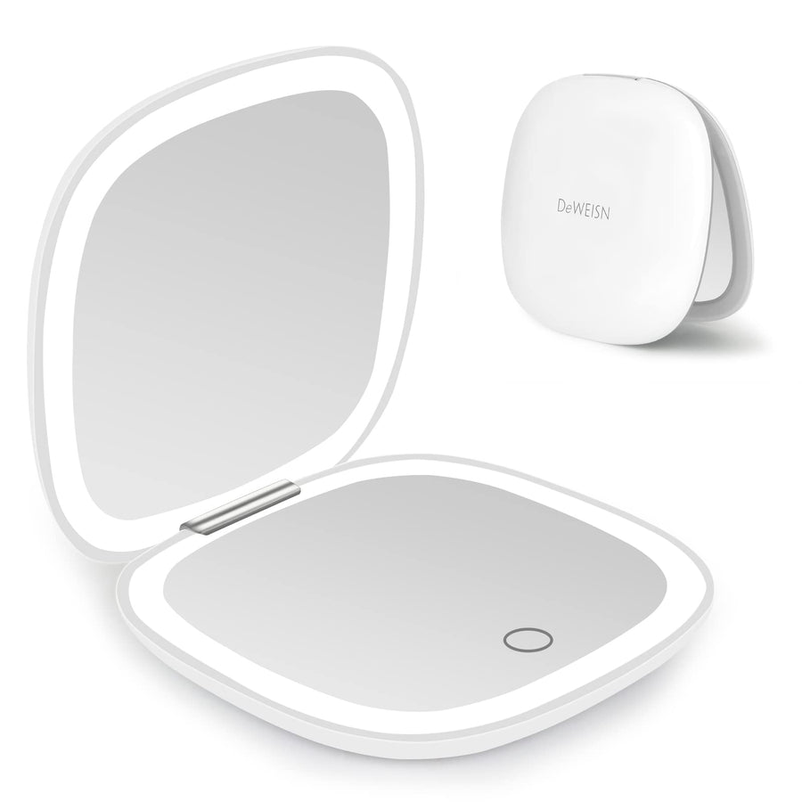 Compact Mirror, Lighted Travel Makeup Mirror with 1X/10X Magnifying Double Sided Dimmable Portable Pocket for Handbag and Pocket, USB Charging(White)