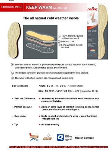 Keep Warm Kids, German Handmade Natural Insulating Insoles, Wool, Cork and Felt Layers, Big Kid 4/5L-EU 34/35