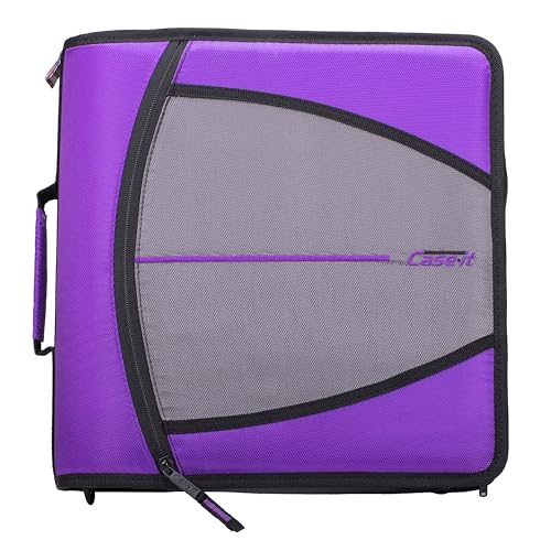 Case-it The Mighty Zip Tab Zipper Binder - 3 Inch O-Rings - 5 Color Tab Expanding File Folder - Multiple Pockets - 600 Sheet Capacity - Comes with Shoulder Strap - Deep Purple D-146