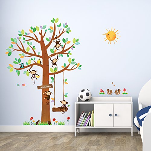 SG-1401P1402 9 Little Monkeys Tree and Height Growth Chart Kids Wall Stickers Wall Decals Peel and Stick Removable Wall Stickers for Kids Nursery Bedroom Living Room