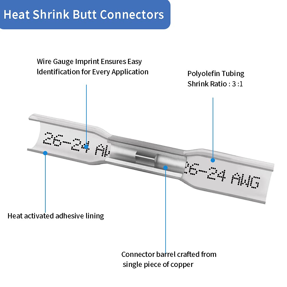 Heat Shrink Butt Connectors, 26-24 AWG 100 Pcs Clear Marine Grade Insulated Crimp Wire Connectors, Waterproof Electrical Connectors Butt Splice for Boat Truck Wiring