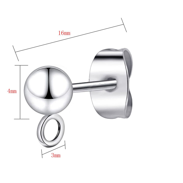 100 Sets Stainless Steel Solid Round Ball Post Stud Earrings with Loop for Jewelry Dangle Earring Making