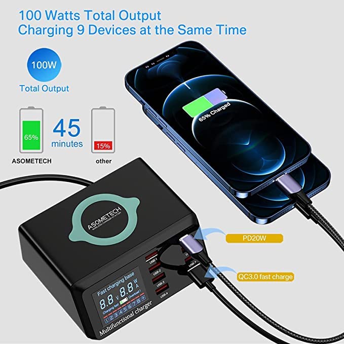 USB Charger Hub 100W 8-Port Desktop Multiple USB Charging Station with PD Port, Quick Charge 3.0 USB Port, Wireless Charger, LCD Display Fast USB C Charger for iPhone 12, Tablet and More