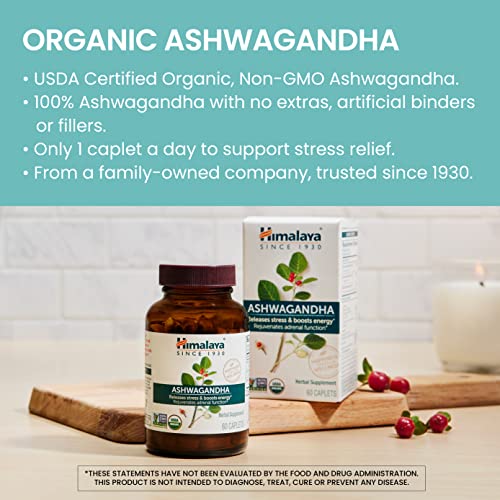 Organic Ashwagandha, 60 Day Supply, Herbal Supplement for Stress Relief, Energy Support, Occasional Sleeplessness, Organic, Non-GMO, Vegan, Gluten Free, 670 mg, 60 Caplets