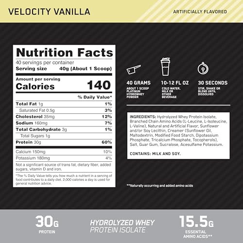 Platinum Hydrowhey Protein Powder, 100% Hydrolyzed Whey Isolate Powder, Flavor: Velocity Vanilla, 3.5 Pounds (Packaging May Vary)