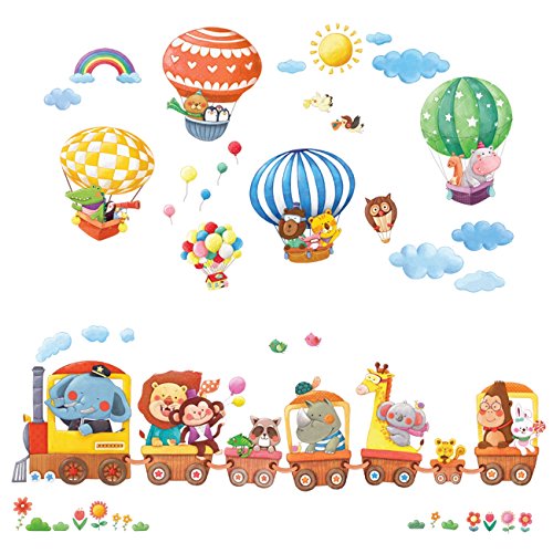 DL-1406L Large Animal Train & Hot Air Balloons Kids Wall Stickers Wall Decals Big Peel and Stick Removable Wall Stickers for Kids Nursery Bedroom Living Room (XLarge) décor