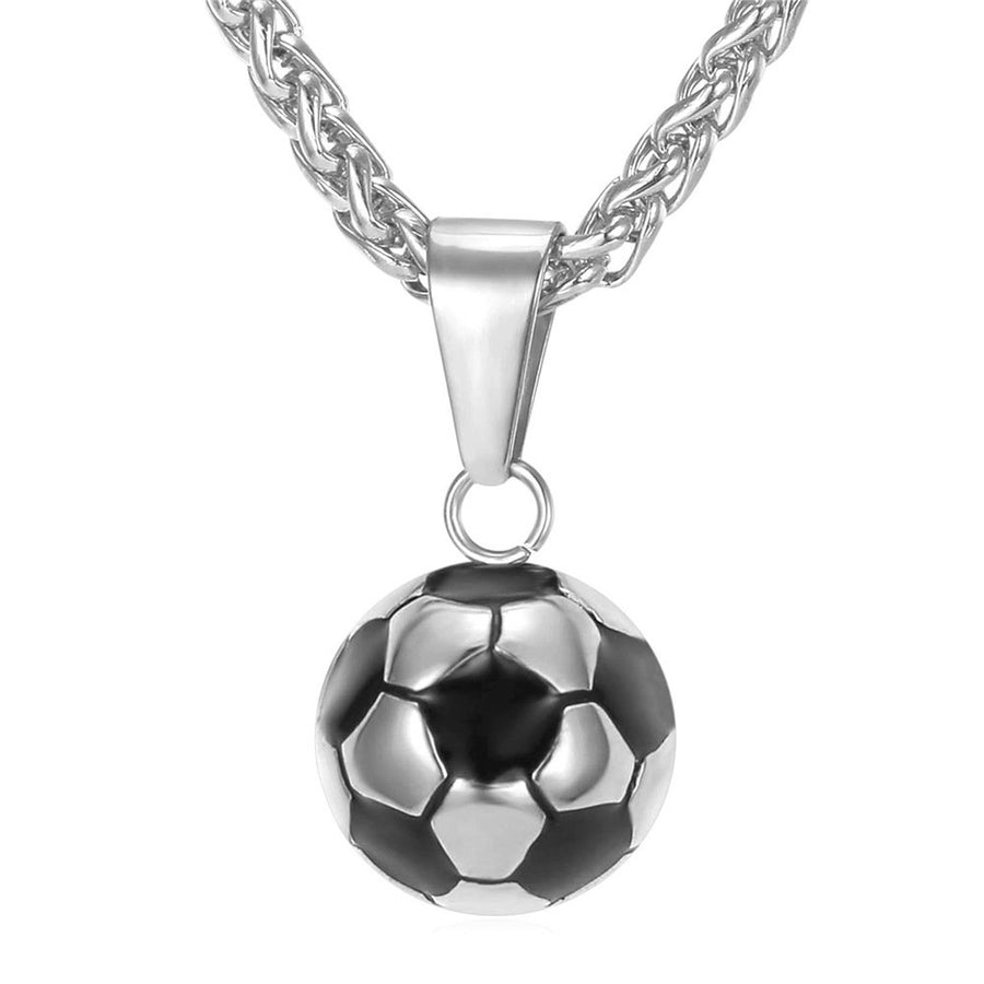 Men Sport Necklace Stainless Steel Rope Wheat Chain with Cool Enamel Black Ball Pendant Soccer Jewelry