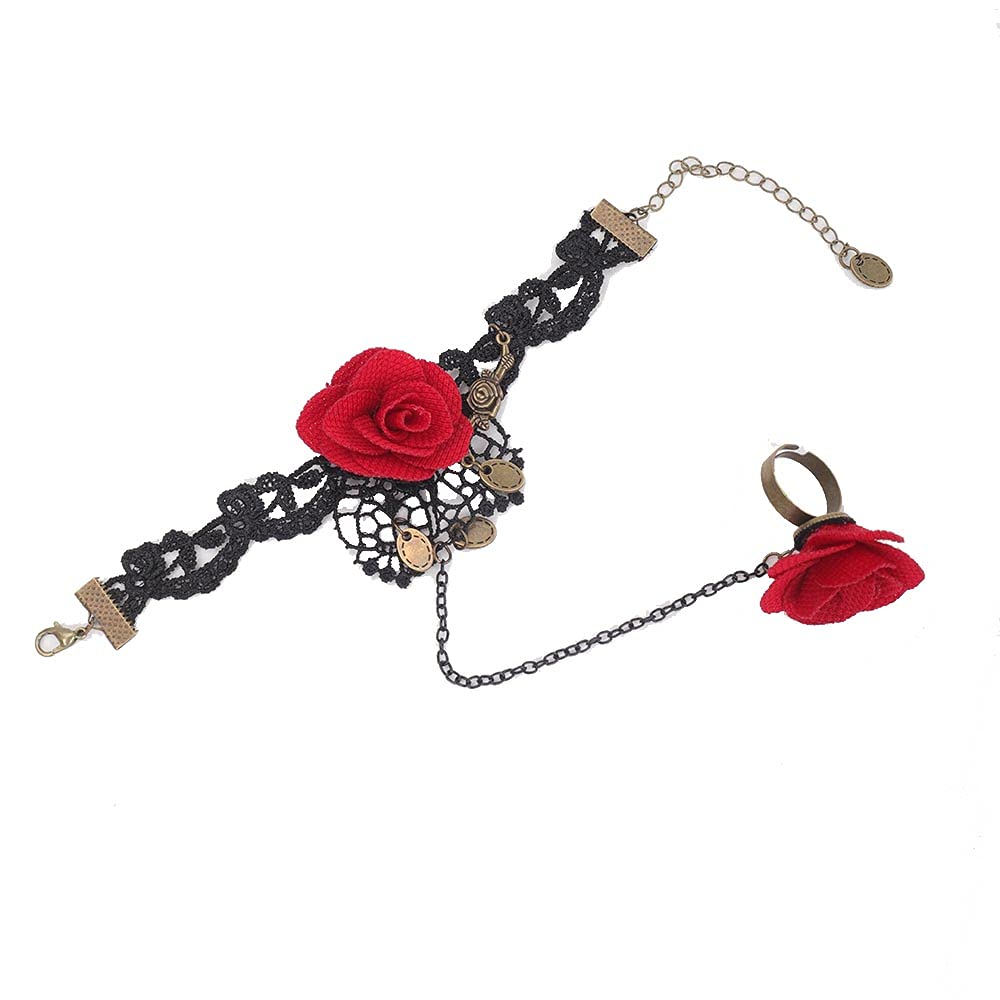 Gothic Retro Red Flower Ring Bracelet for Women Vampire Lolita Black Lace Bracelet for Halloween Decorations Party Accessory(1Piece)