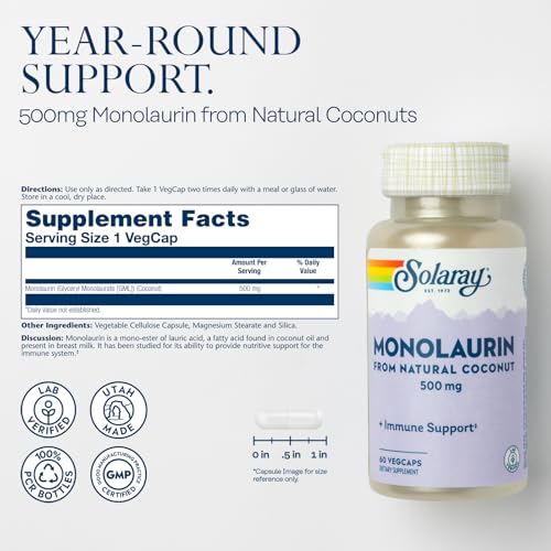 Monolaurin 500mg from Natural Coconut - Monolaurin Supplement for Powerful Nutritive Support - 60-Day Money Back Guarantee, Lab Verified - 60 Servings, 60 VegCaps