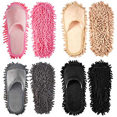 4 Pairs Washable Mop Slippers Detachable Microfiber Slippers Mop Shoes Dusting Slippers Floor Cleaning Slippers for Women Men Home Office Kitchen Floor Dust Dirt Clean, Medium(M Size)