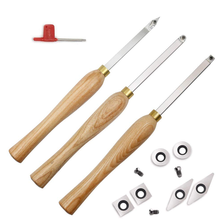 Carbide Woodturning Tool Mini Size (3 Piece Set) Includes Diamond Shape, Round and Square Turning Tools With Comfort Grip Handles Perfect For Turning Pens or Small to Mid-Size Turning Project