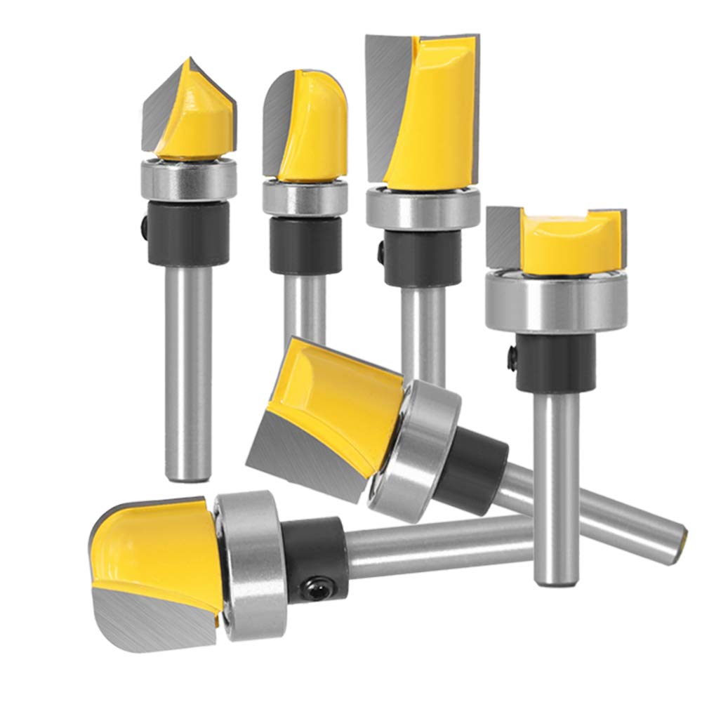 Yakamoz 6Pcs Assorted Edge 1/4 Inch Shank Treatment Grooving Router Bit Set with Bearings Hinge Mortising Flush Trim, Bowl and Tray & V Groove Template Router Bits Cutter Woodworking Tool Kit