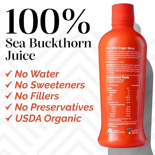 Omega 7 Pure, 100% Pure Sea Buckthorn Juice (32 oz), USDA Organic – Boosts Immune System, Supports Cardiovascular Health, Amazing for Skin Hair and Nails