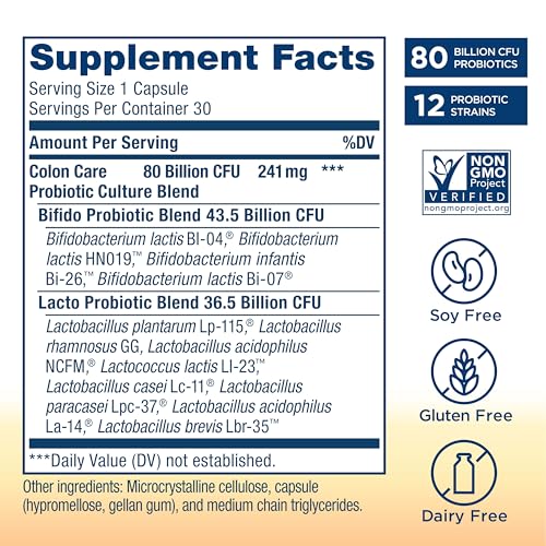 Probiotic Colon Care Probiotic Capsules, Daily Supplement Offers Colon Support, L. Rhamnosus GG, Dairy, Soy and gluten-free, 80 Billion CFU, 60 Count