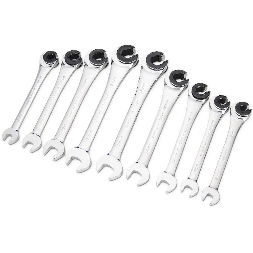 Tubing Ratchet Wrench Set Metric 9pcs(8-17mm), Combination Ratcheting Wrench Set with Open-end Fixed Head, 72 Gears CR-V Chrome Vanadium Steel Constructed