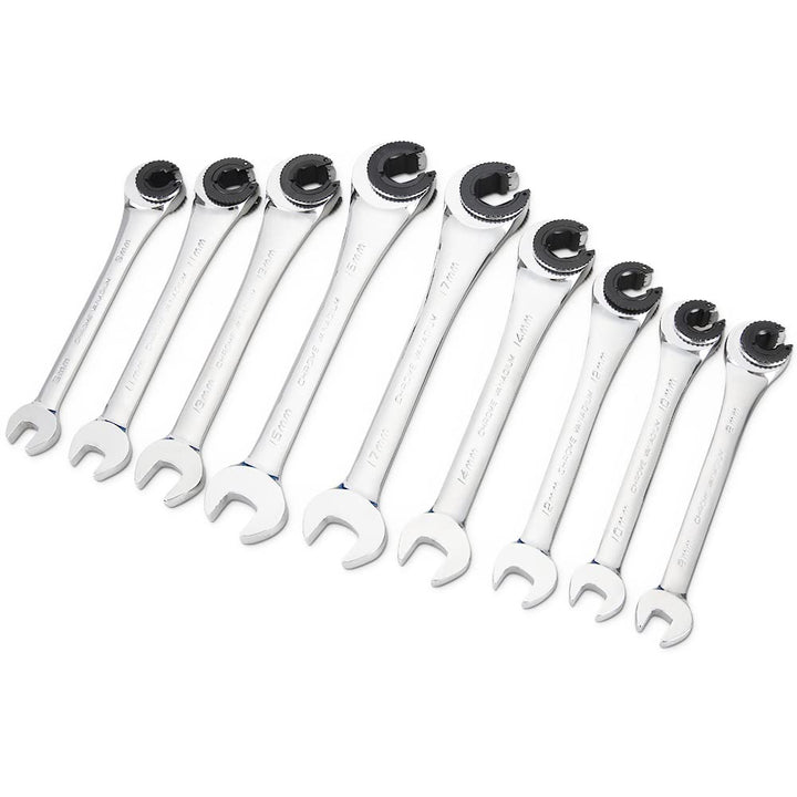 Tubing Ratchet Wrench Set Metric 9pcs(8-17mm), Combination Ratcheting Wrench Set with Open-end Fixed Head, 72 Gears CR-V Chrome Vanadium Steel Constructed