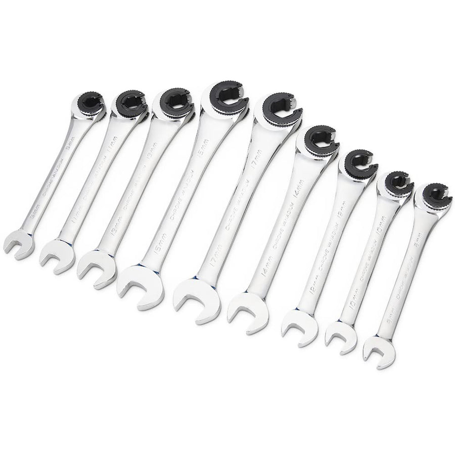 Tubing Ratchet Wrench Set Metric 9pcs(8-17mm), Combination Ratcheting Wrench Set with Open-end Fixed Head, 72 Gears CR-V Chrome Vanadium Steel Constructed