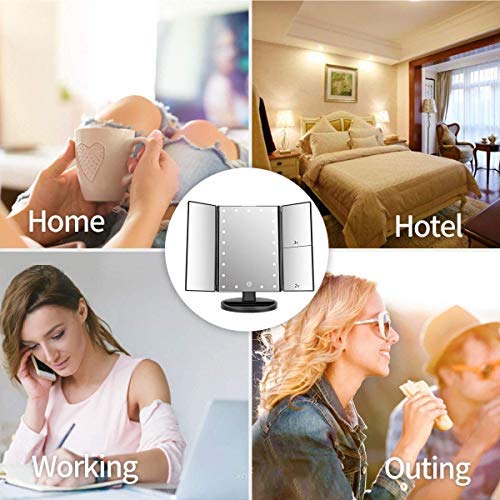 3 Folds Lighted Vanity Makeup Mirror,1X/2X/3X Magnification, 21 LED Light Bright Table Mirror with Touch Screen,180 Adjustable Rotation,Portable Travel Cosmetic Mirror