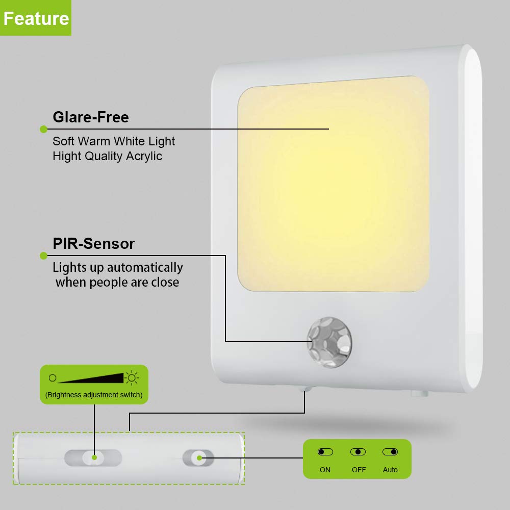 Plug in Motion Sensor Lights with Adjustable Brightness,Warm White Motion Activated Led Night Light for Hallway, Stair, Corridor, Kitchen, Living Room, Garage, Basement, Utility Room,2 Pack