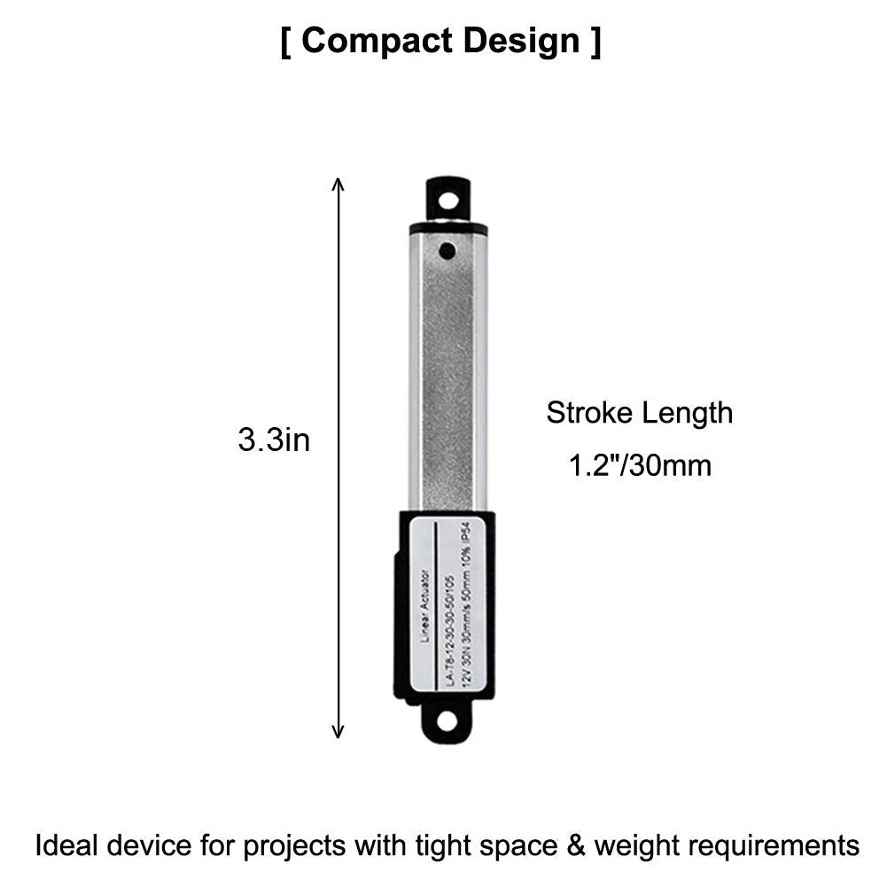 Micro Linear Actuator with Limit Switches 12V DC, 64N, 30mm Stroke 1.2 with Mounting Brackets