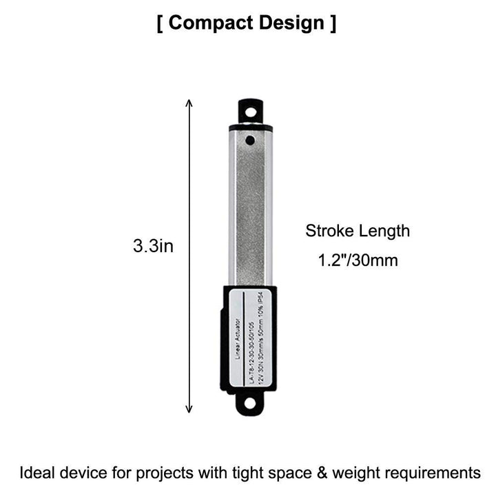 Micro Linear Actuator with Limit Switches 12V DC, 64N, 30mm Stroke 1.2 with Mounting Brackets