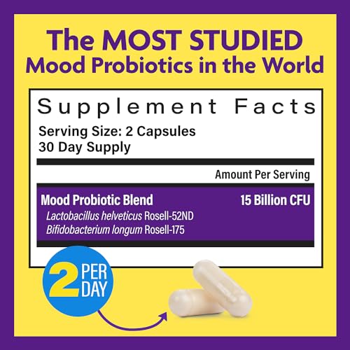 Mood Probiotic Supplement - Clinically Studied Digestive & Mood Probiotics for Women and Men with Lactobacillus helveticus Rosell-52ND & Bifidobacterium longum Rosell-175, 60 Capsules