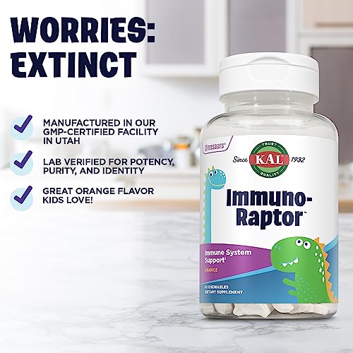 ImmunoRaptor Kids Immune Support Chewables, Vitamin C and Zinc for Healthy Cell Function, Dinosaur Shaped, Orange Flavor, Gluten, Lactose, and Peanut-Free, Sweetened with Xylitol, 60 Servings