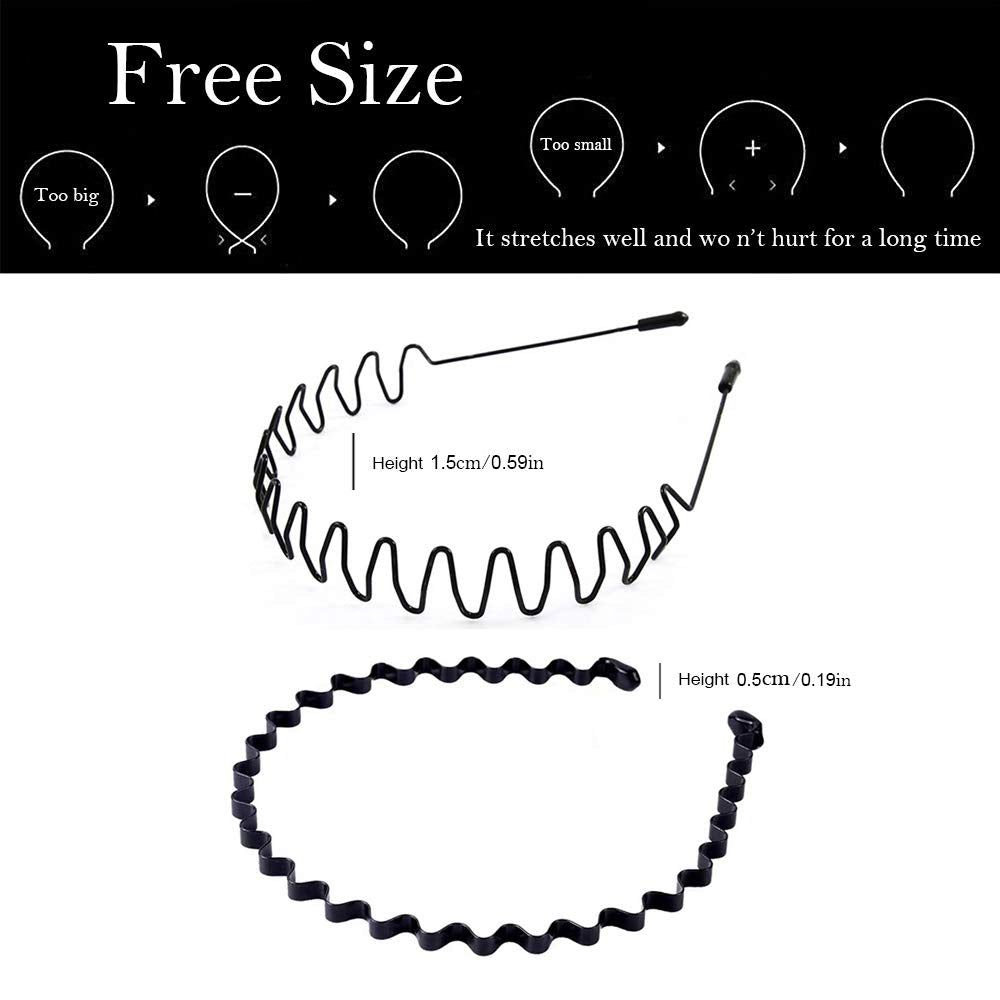 Band Fashion Metal Multi-Use Spring Wavy Hoop Hair Bands for Men and Women for Sports, Outdoor, Yoga (Black )
