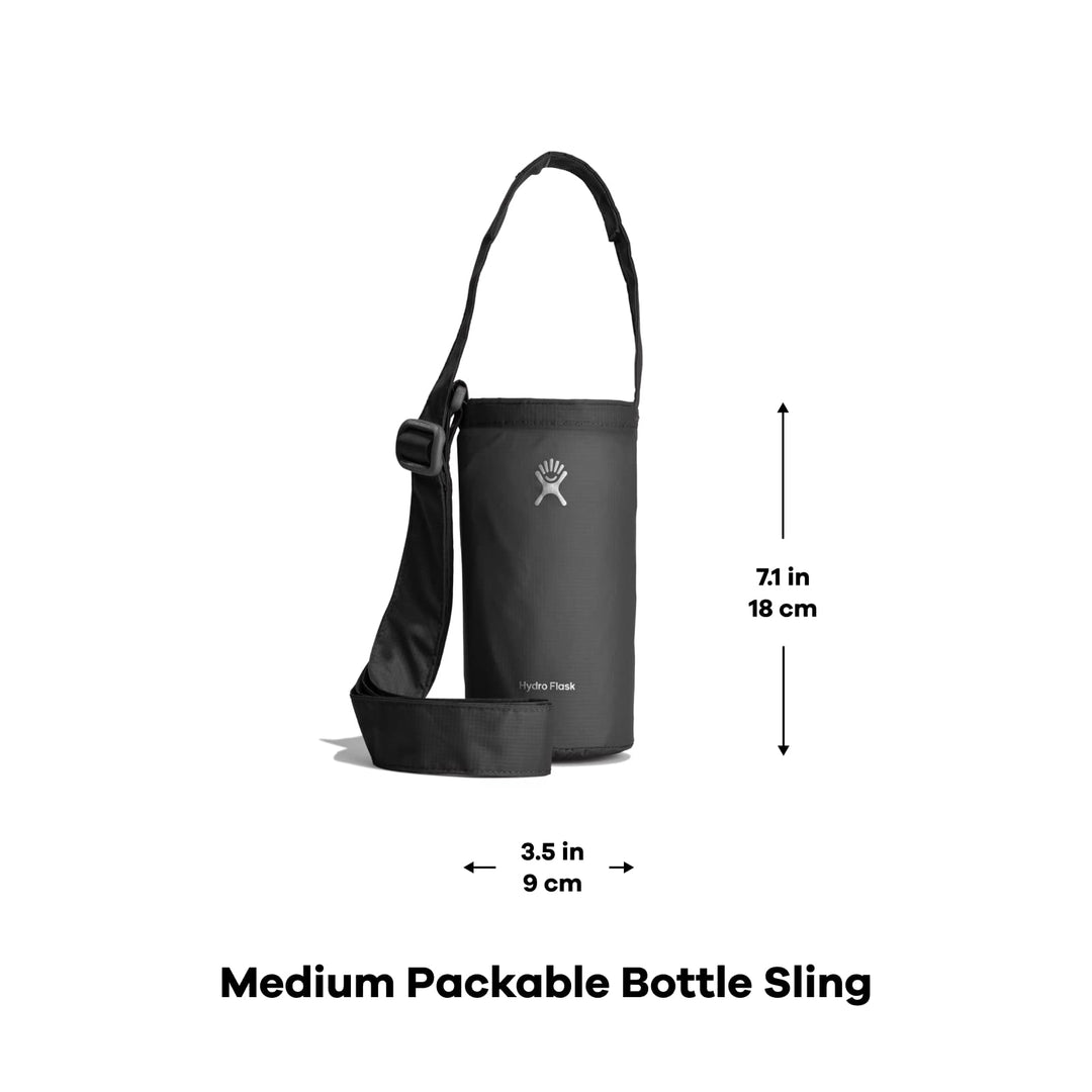 Packable Bottle Sling - Accessory Reusable Water Bottle Travel Carrier Holder - Adjustable, Collapsable Black Medium