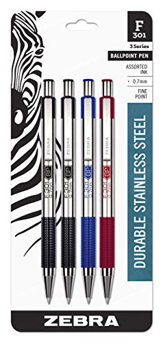 Zebra® F-301 Stainless Steel Retractable Ballpoint Pens, Fine Point, 0.7 mm, Stainless Steel Barrel, Assorted Ink Colors, Pack Of 4