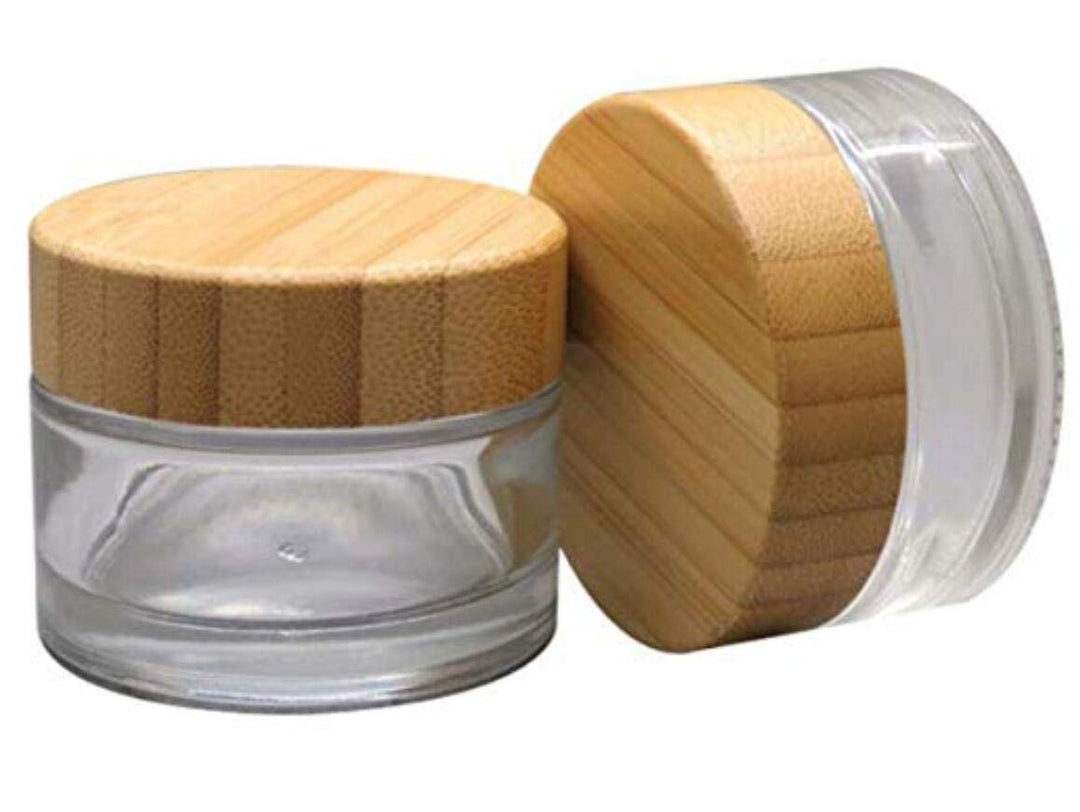 1Pcs 50ML 2oz Empty Refillable Clear Glass Makeup Cosmetic Bottle Container Jars Pot With Bamboo Lids For Homemade Oils Lotion Cream Sample Packing Storage
