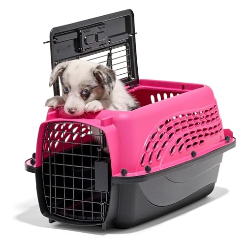 Dog Crates for Small Dogs & Cat Carriers, Two-Door Plastic Pet Kennel, Top & Front Loading, Made in USA, 19, Pink