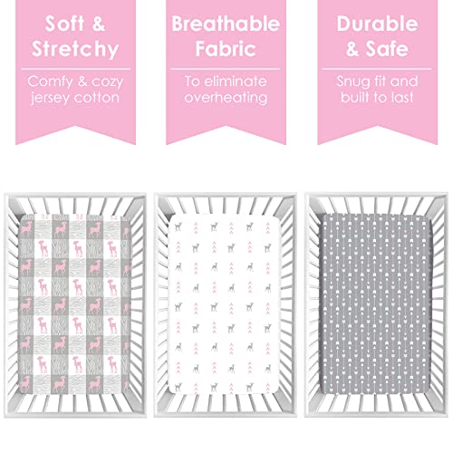 GROW WILD Pack n Play Sheets 3-Pack | Baby Mini Crib Sheets for Girls | Soft Pack and Play Mattress and Crib Bedding Set | Playard Jersey Cotton Fitted Crib Sheets | White Grey Pink Deer and Arrows