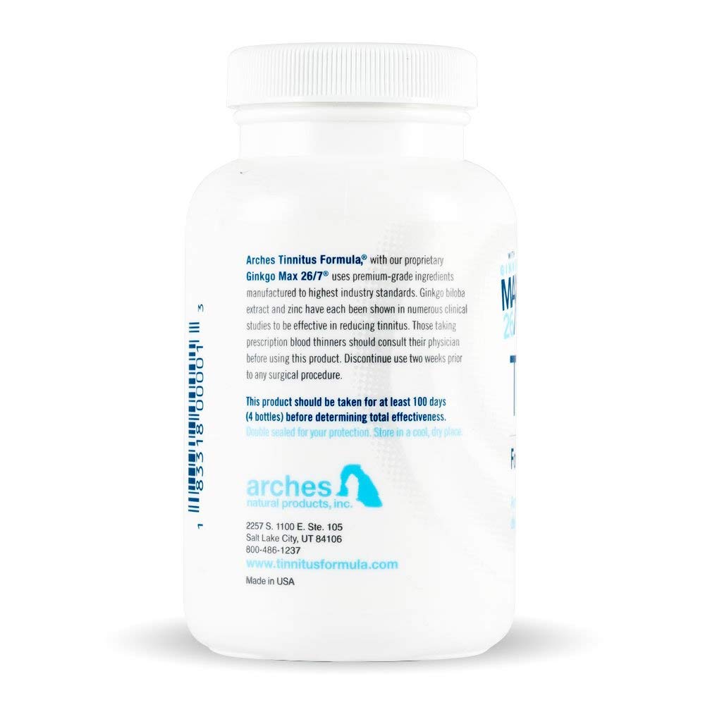 Arches Tinnitus Formula - Now with Ginkgo Max 26/7 - Natural Tinnitus Treatment for Relief from Ringing Ears - 100 Count Bottle - 25 Day Supply, Ginkgo biloba extract, zinc picolinate, deodorized garlic