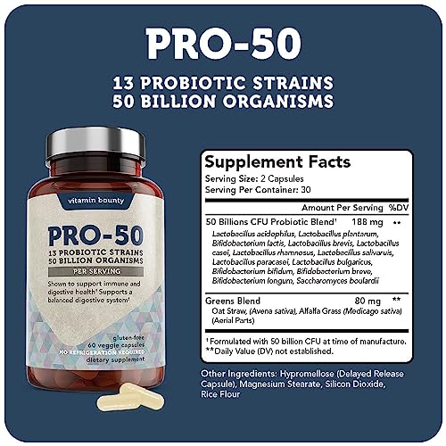Pro-50 Probiotics for Women Digestive Health | 50 Billion CFU & 13 Strains | SBO Synbiotic Formula Delayed Release Capsule+Prebiotic Greens for Immune Support – for Women & Men | 60cap