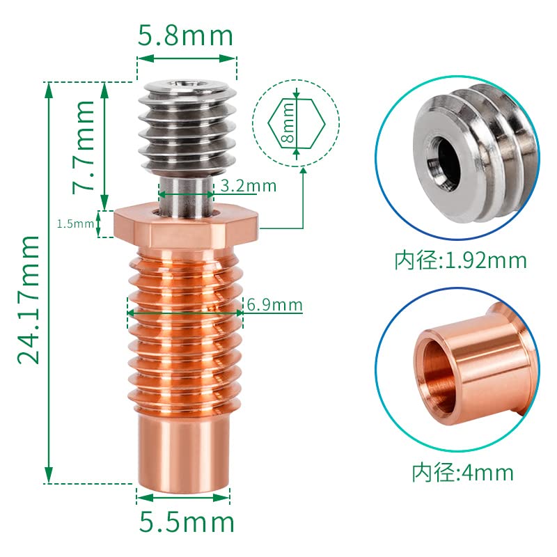 2PCS Bimetal Heatbreak, All Metal Threaded Heatbreak Upgraded Titanium Alloy and Copper Heatbreak Compatible with E3D V6 Hotend 3D Printers
