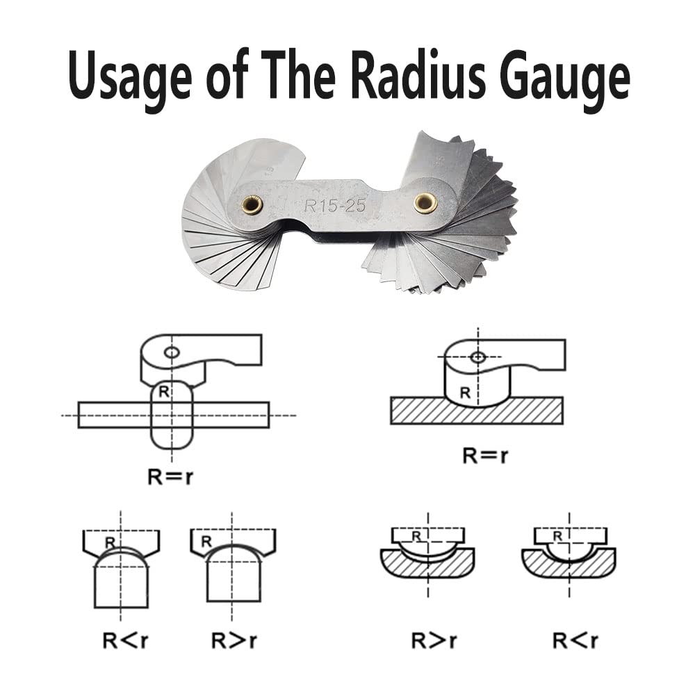 6 Pack R0.3-1.5/ R1-6.5/ R7-14.5/ R15-25/ R25-50/ R52-100 Radius Gauge Set, Stainless Steel Radius Fillet Gage Portable Concave Convex Measuring Tool for Tool and Die Makers Check