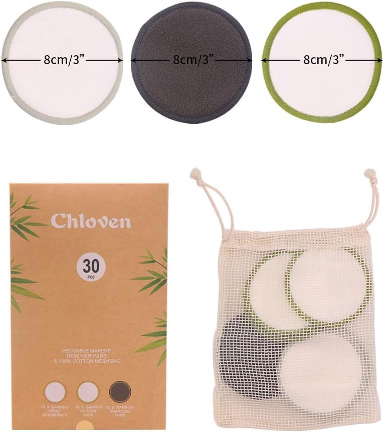 30 Pack Reusable Makeup Remover Pads - Bamboo Cotton Rounds for Toner, Washable, Eco-Friendly for All Skin Types with Cotton Laundry Bag