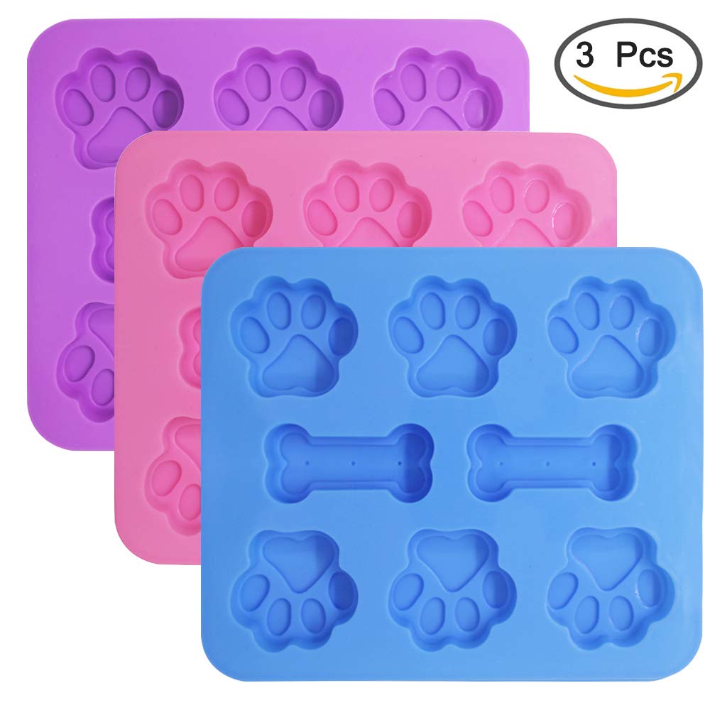 3 Pcs Silicone Molds Puppy Dog Paw & Bone Shaped 2 in 1, 8-Cavity, Reusable Ice Candy Trays Chocolate Cookies Baking Pans, Oven Microwave Freezer Dishwasher Safe-Pink, Blue, Purple
