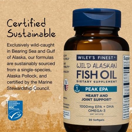 Wiley's Finest Wild Alaskan Fish Oil Peak EPA - Triple Strength Peak EPA & DHA Supplement - 1000mg Fish Oil - Omega-3s for Joint Health Support - 30 Softgels (30 Servings)