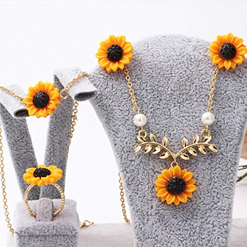 Set of 5 Sunflower Faux Pearl Leaf Chain Resin Boho Petal Pendant Necklace with Sunflower Bracelet Earrings Ring for Women Jewelry Accessories (Gold)