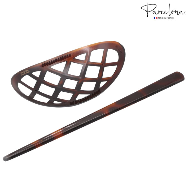 French Criss Cross Pattern Tortoise Shell Brown Cellulose Acetate Made in France Chignon Bun Cover Ponytail Holder Hair Slider Pin Thru Updo with Stick for Women and Girls