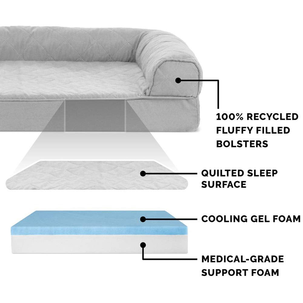 Cooling Gel Dog Bed for Large Dogs w/ Removable Bolsters & Washable Cover, For Dogs Up to 95 lbs - Two-Tone Plush Faux Fur & Suede L Shaped Chaise - Stone Gray, Jumbo/XL