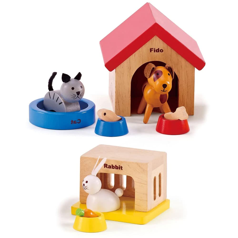 Family Pets Wooden Dollhouse Animal Set | Complete Your Wooden Dolls House with Happy Dog, Cat, Bunny Pet Set with Complimentary Houses and Food Bowls