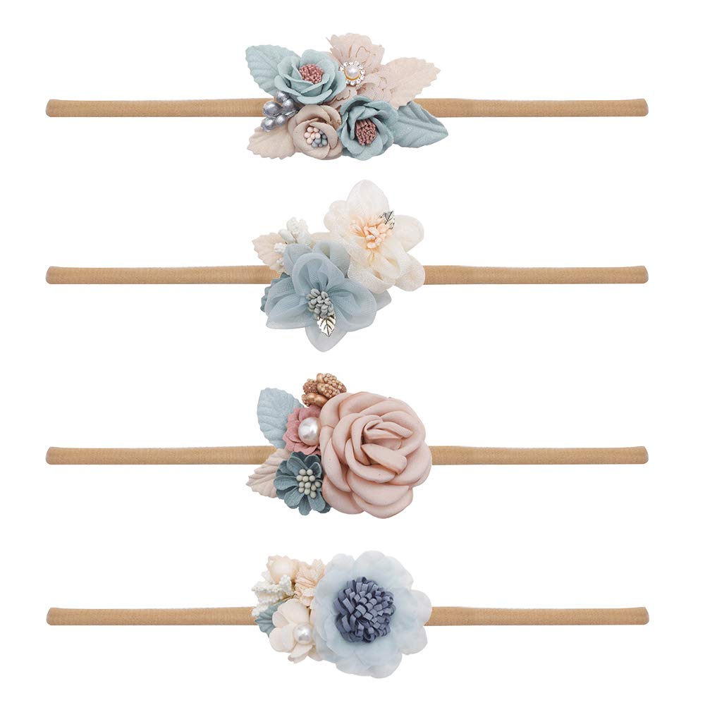 4pcs Baby Girl Headbands Flowers, Super Soft & Stretchy Nylon Floral Hairbands for Newborn Toddler