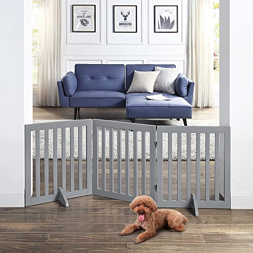 24”H Free Standing Pet Gate for Dog, Wooden Dog Gates for Doorway, Stairs, Step Over Foldable Pet Fence for The House, Expandable Dog Barrier, Indoor Use, Grey