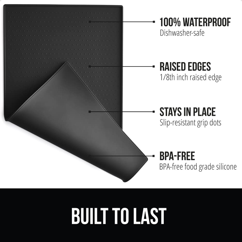 100% Waterproof Raised Edge BPA Free Silicone Pet Feeding Mat, Dog Cat Food Mats Contain Spills Protects Floors, Placemats for Cats and Dogs Water Bowl, Pets Accessories 18.5x11.5 Black
