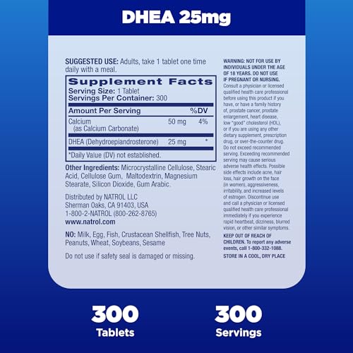 Mood & Stress DHEA 25mg With Calcium, Dietary Supplement for Balance of Certain Hormone Level and Mood Support, 300 Tablets, 300 Day Supply
