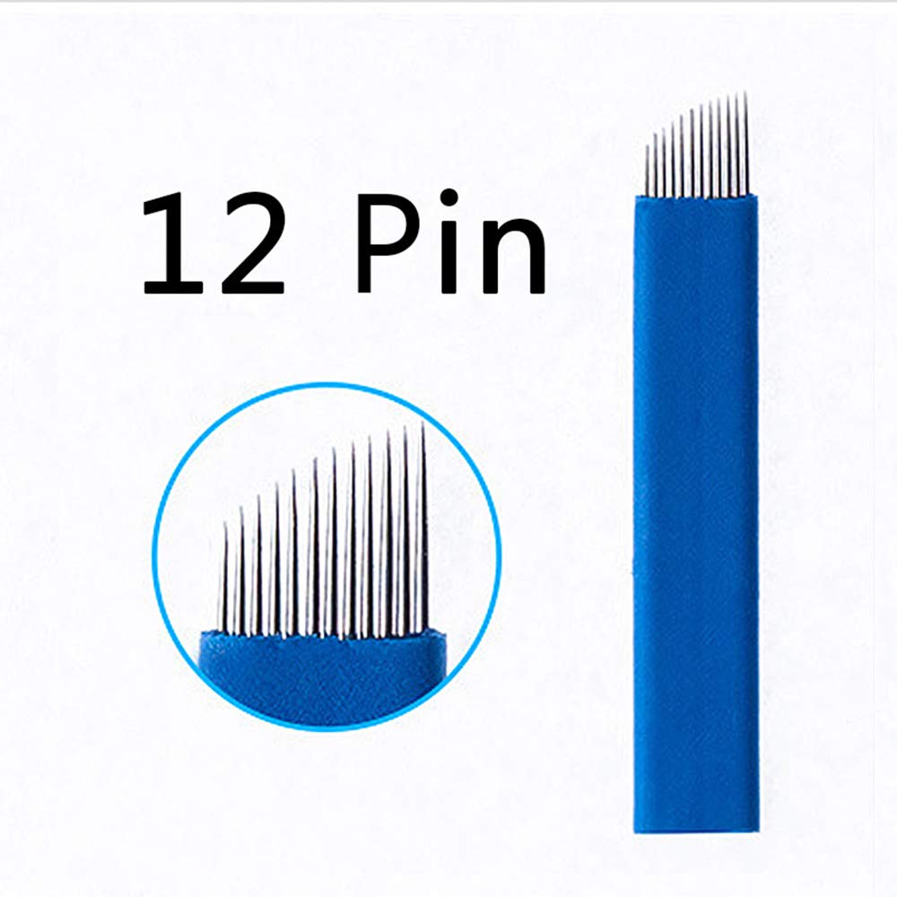 50 Pcs Microblading Blade Micropigmentation Brow Lamination Makeup Manual Eyebrow Henna Disposable Sloped Needle Pin Bevel Shading (12Pin)